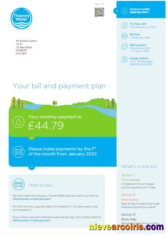 UNITED KINGDOM THAMES WATER utility bill, version 3